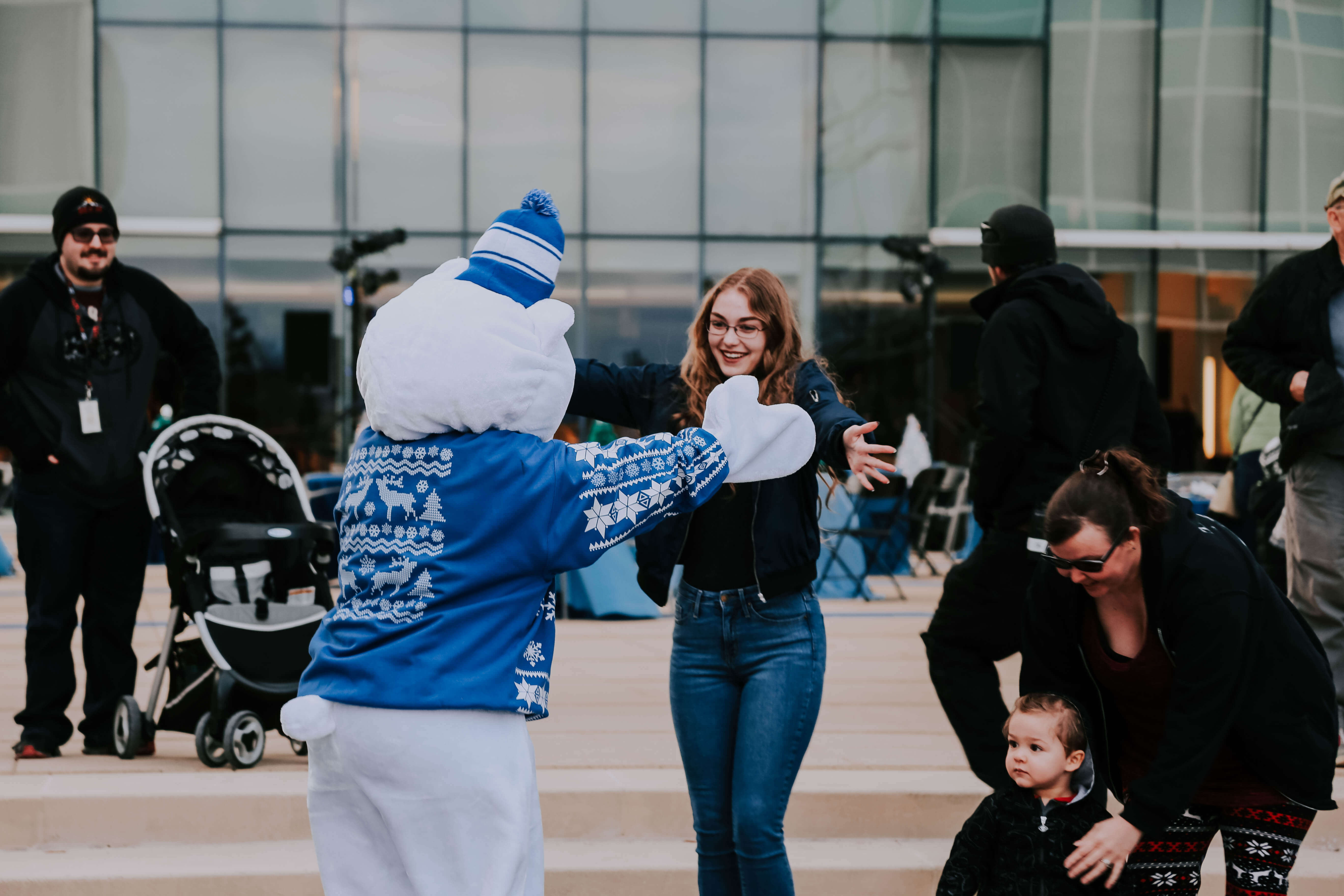 Mascots at a corporate holiday event